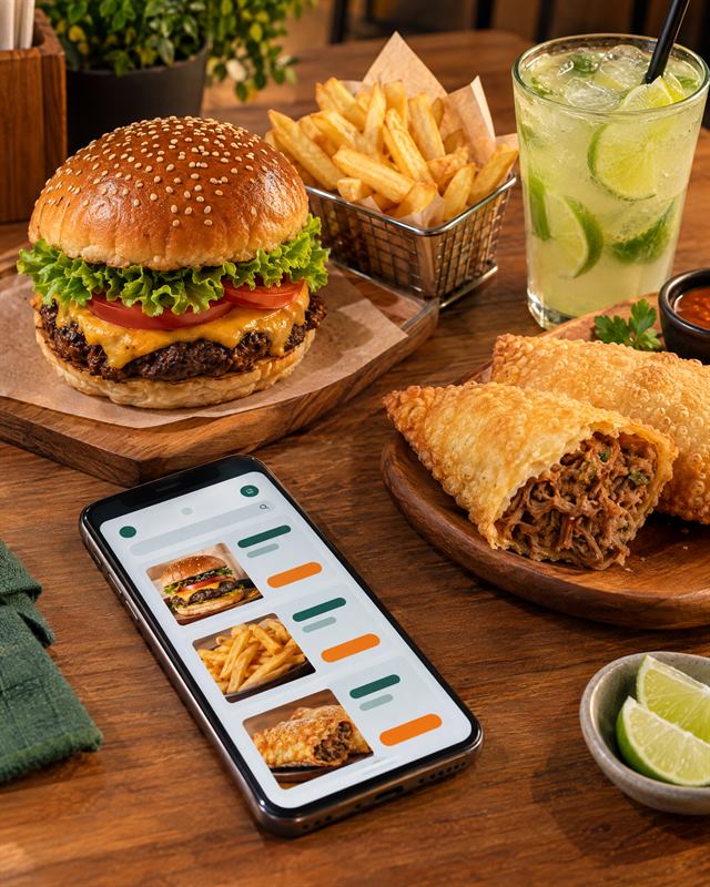 Hambúrguer, batata e pastel ao lado do celular com o cardápio digital