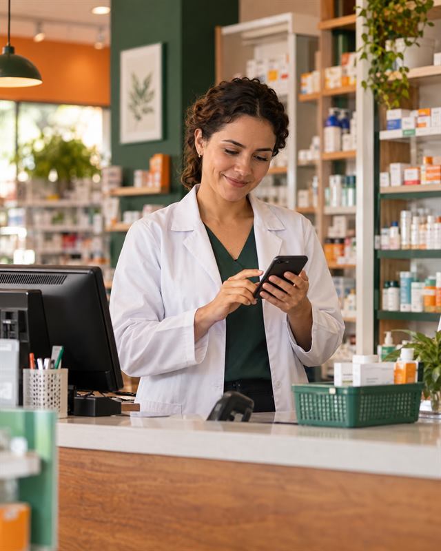 Farmacêutica conferindo pedidos no celular atrás do balcão